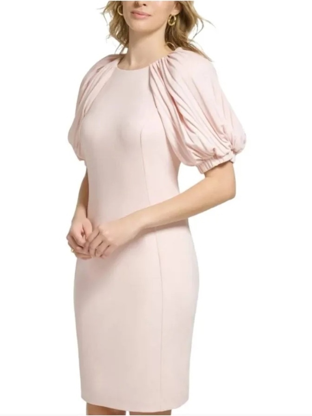 Calvin Klein Elegant Puff-Sleeve Sheath Dress in Pale Pink